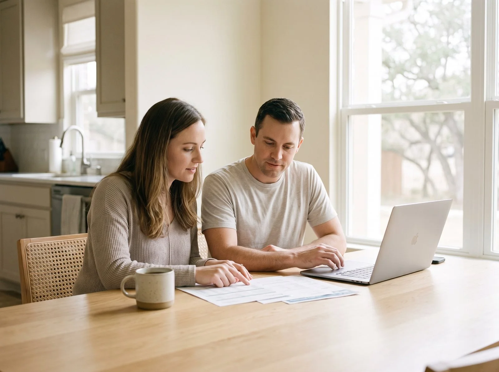 Cypress, Texas couple reviewing divorce and estate planning documents at home