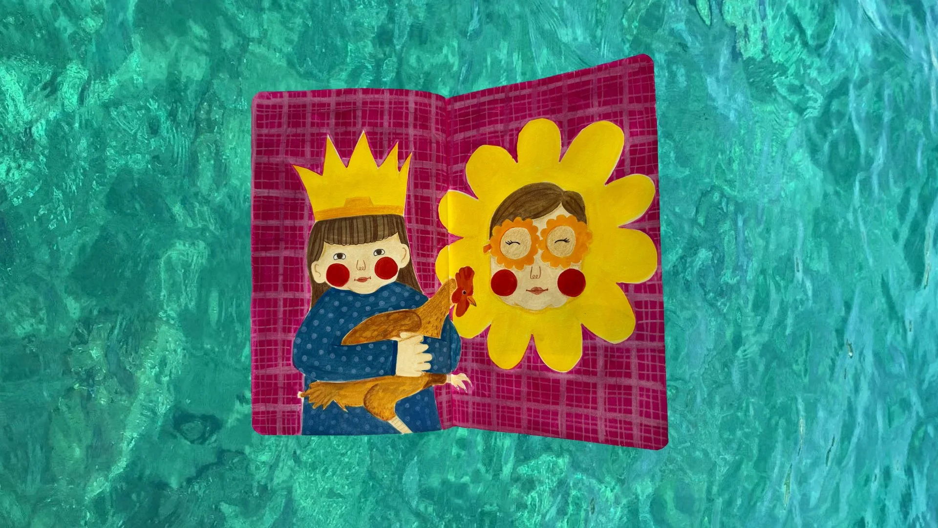 One happy girl with a chicken and a flower woman. Used gouache and colored pencils. 