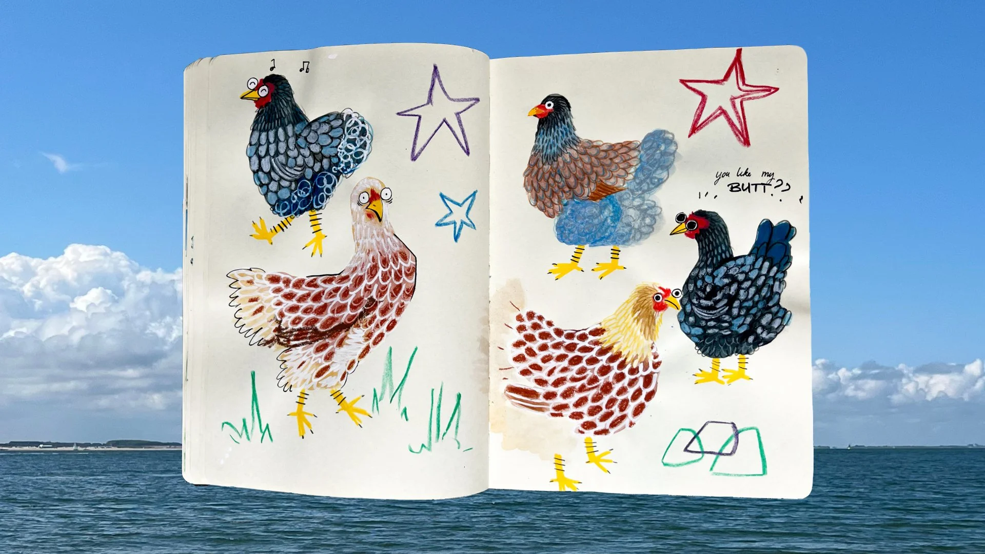 Wyoming chicken in large sketchbook. Used gouache, crayons, colored pencils and Posca markers