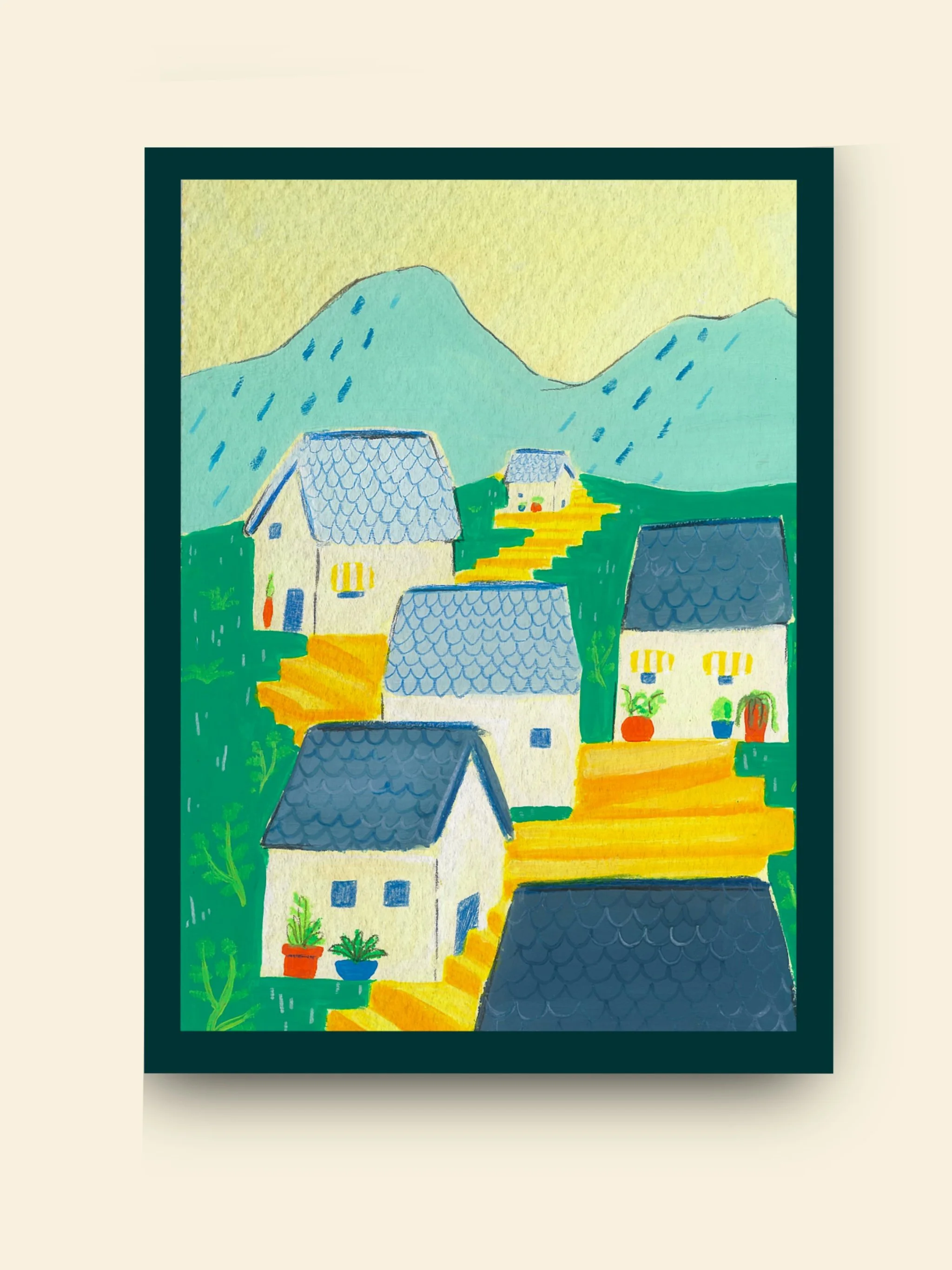 Colorful illustration of mountains and houses on a hillside with yellow stairs, potted plants, and blue-tiled roofs.