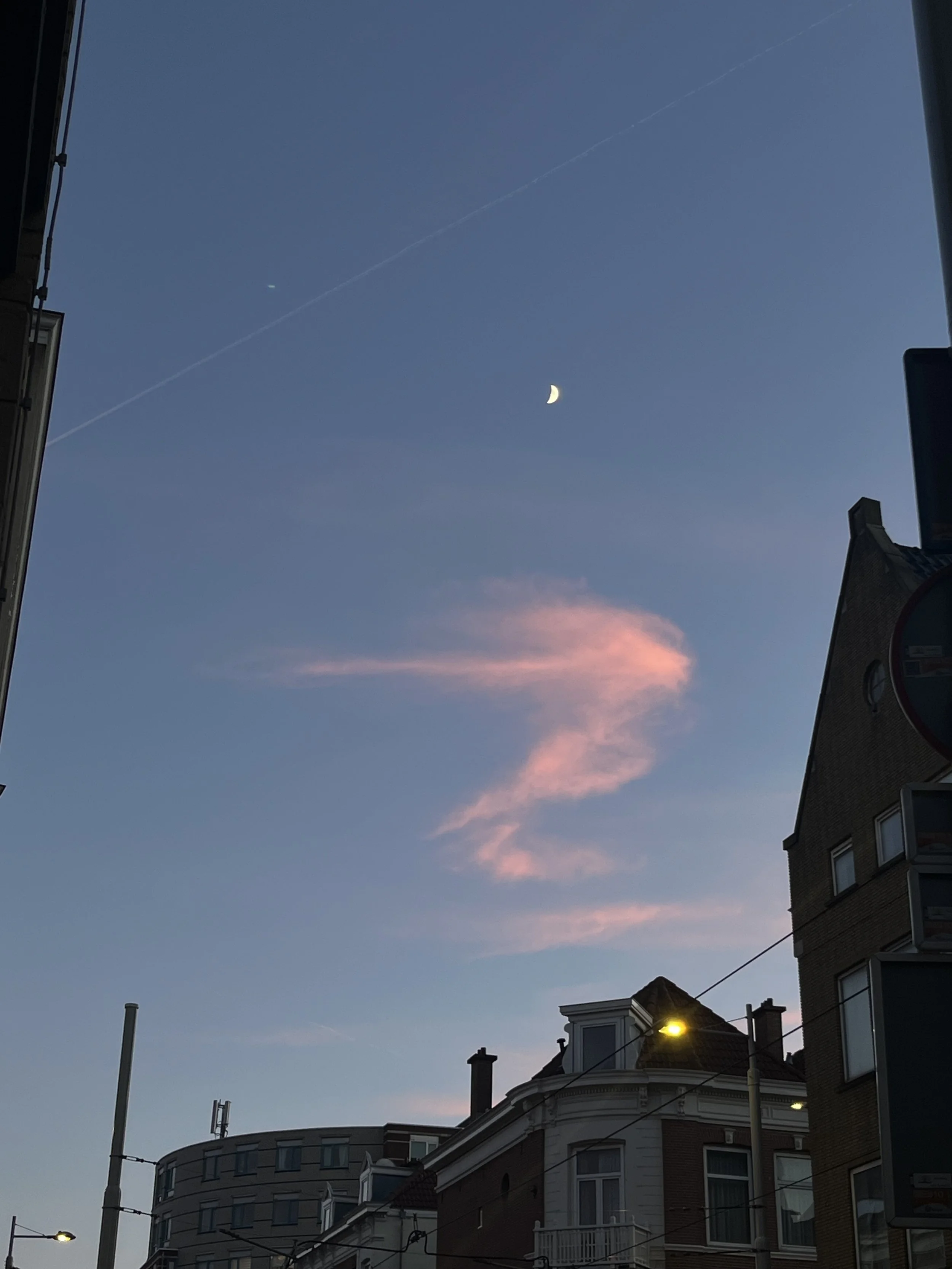 City sky during twilight with a crescent moon, pink clouds, and a contrail, surrounded by buildings and streetlights.