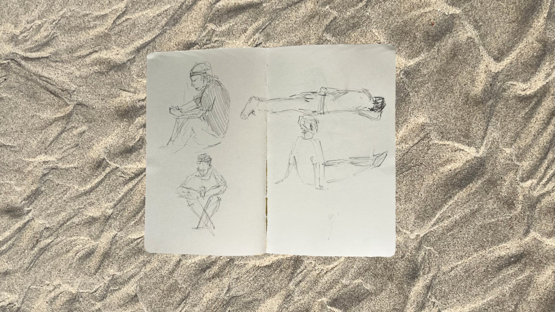 Real life figure sketches in the park. Medium sketchbook, used pencils. 