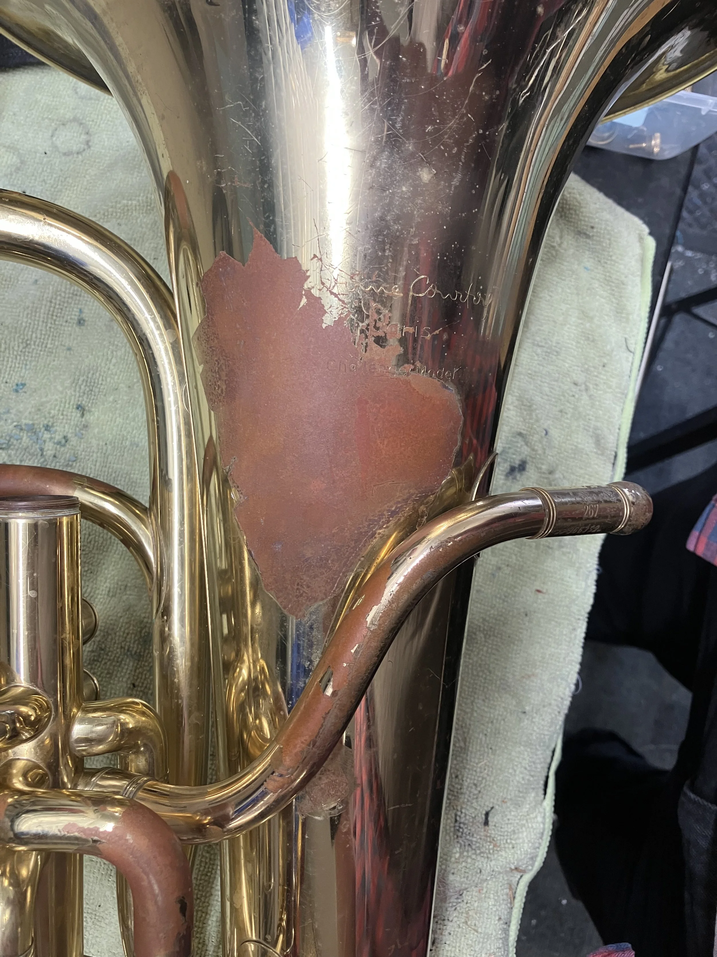 Heavy tarnish on bell, bottom bow and valve section 