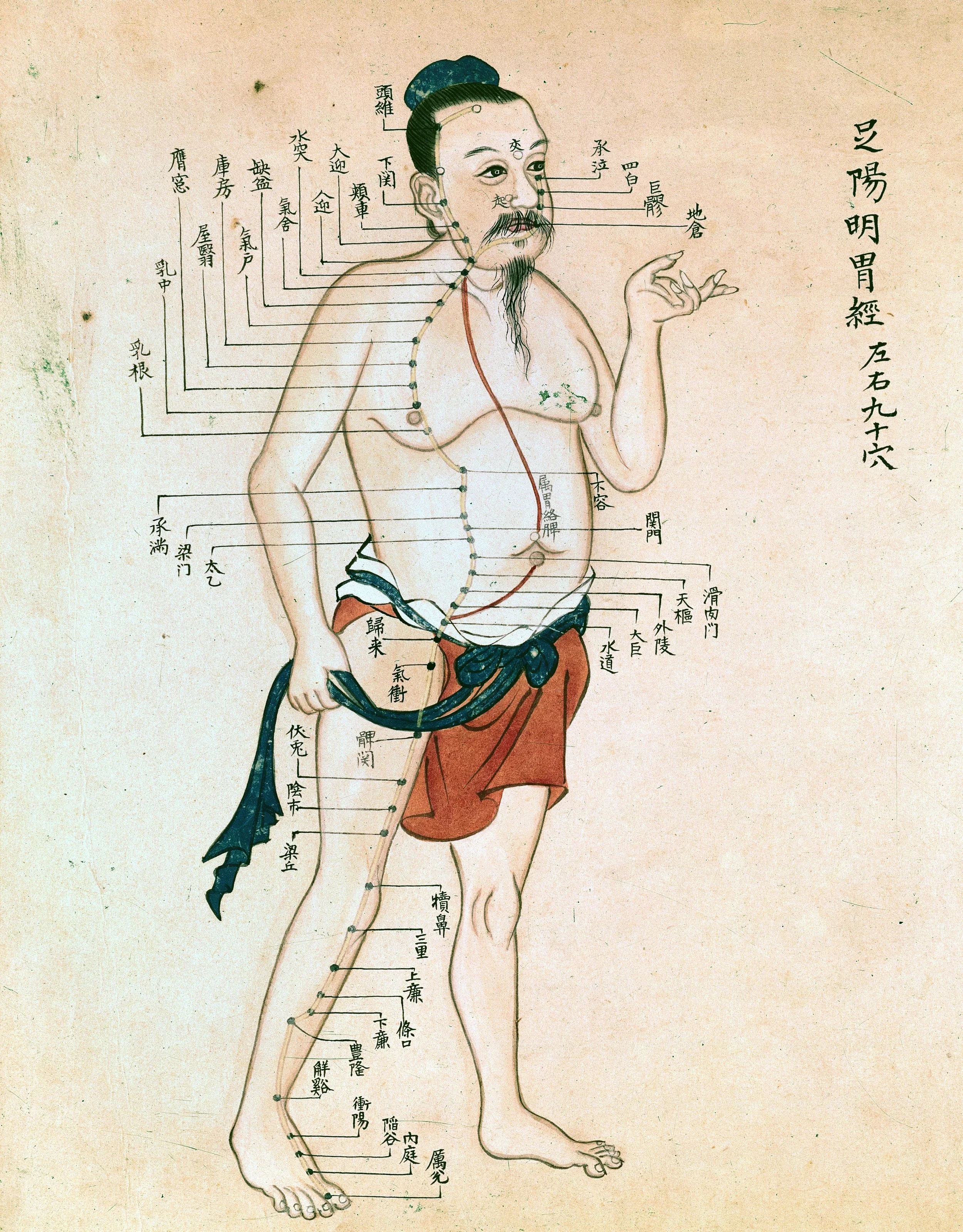 Illustration of traditional Chinese or Japanese medical diagram showing human body with labeled acupuncture points and meridians.
