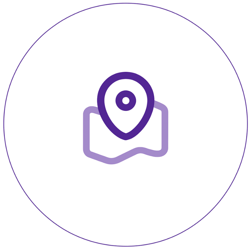 Icon of a map with a location pin in the center, against a blue background.