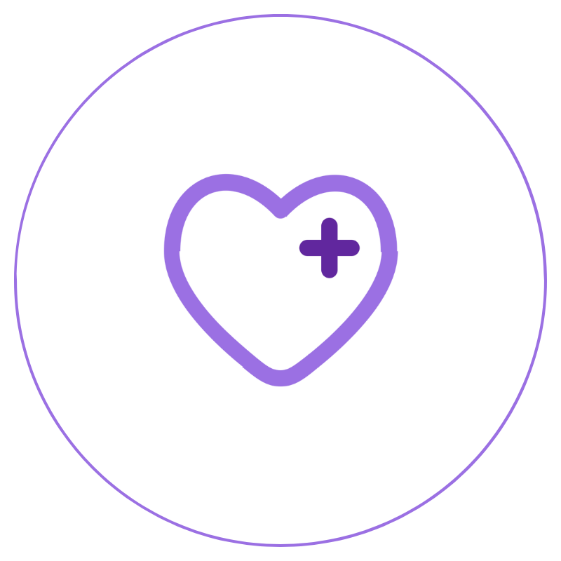 A purple outline of a heart with a small plus sign inside, enclosed by a thin purple circle on a black background.