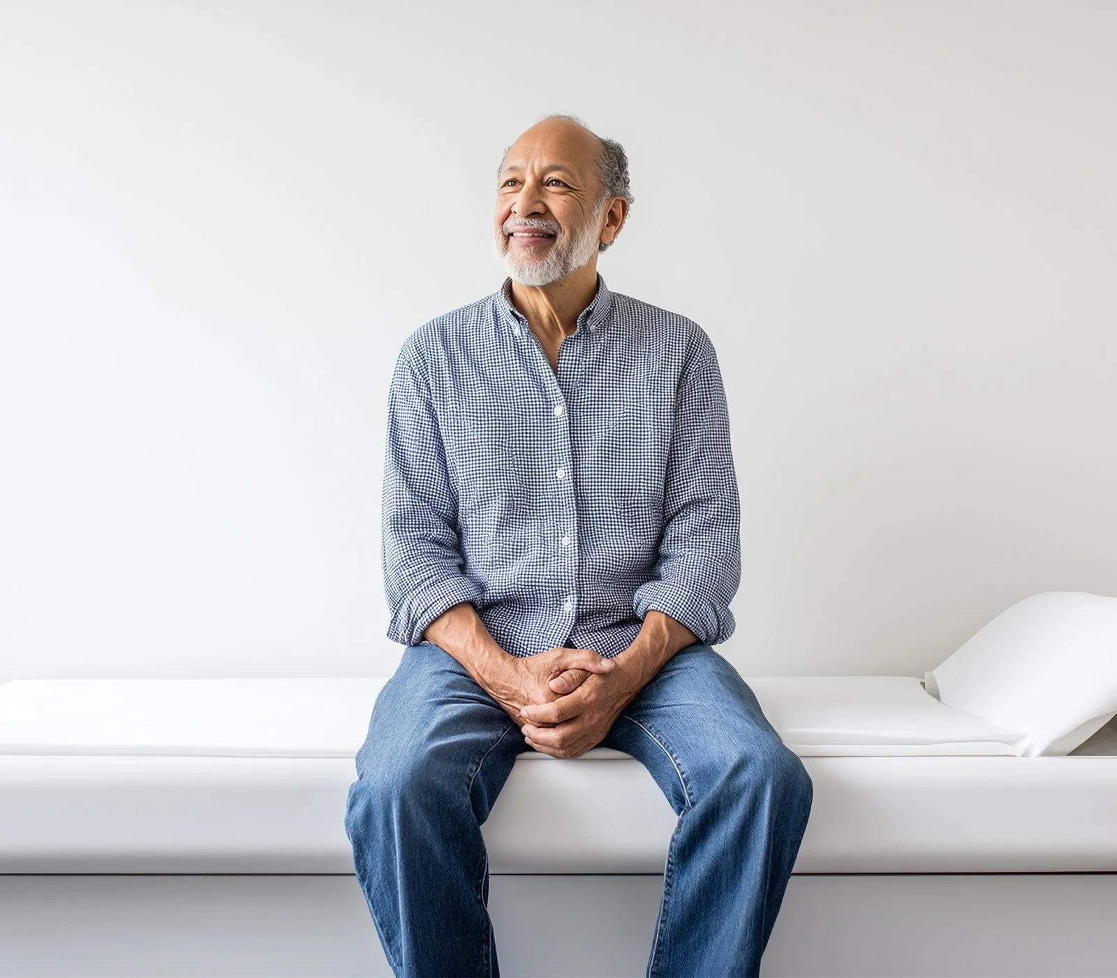 An elderly man with gray hair and beard is sitting on a hospital bed against a plain white wall, smiling and looking to his right.