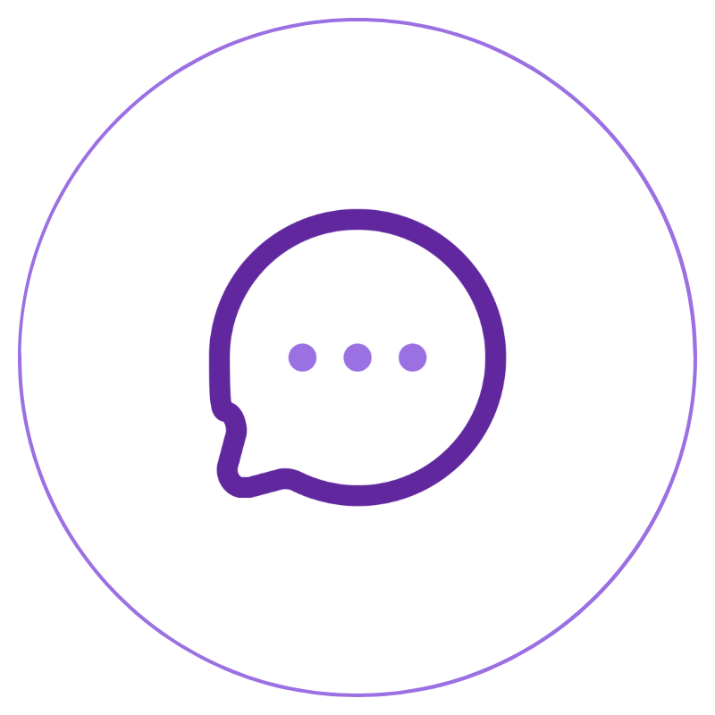 Purple speech bubble icon with three dots inside, on a black background with a purple circular border.
