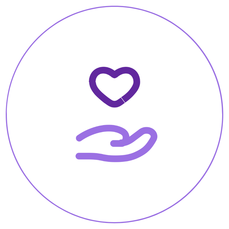 A purple line drawing of a hand holding a heart, enclosed within a circle on a black background.