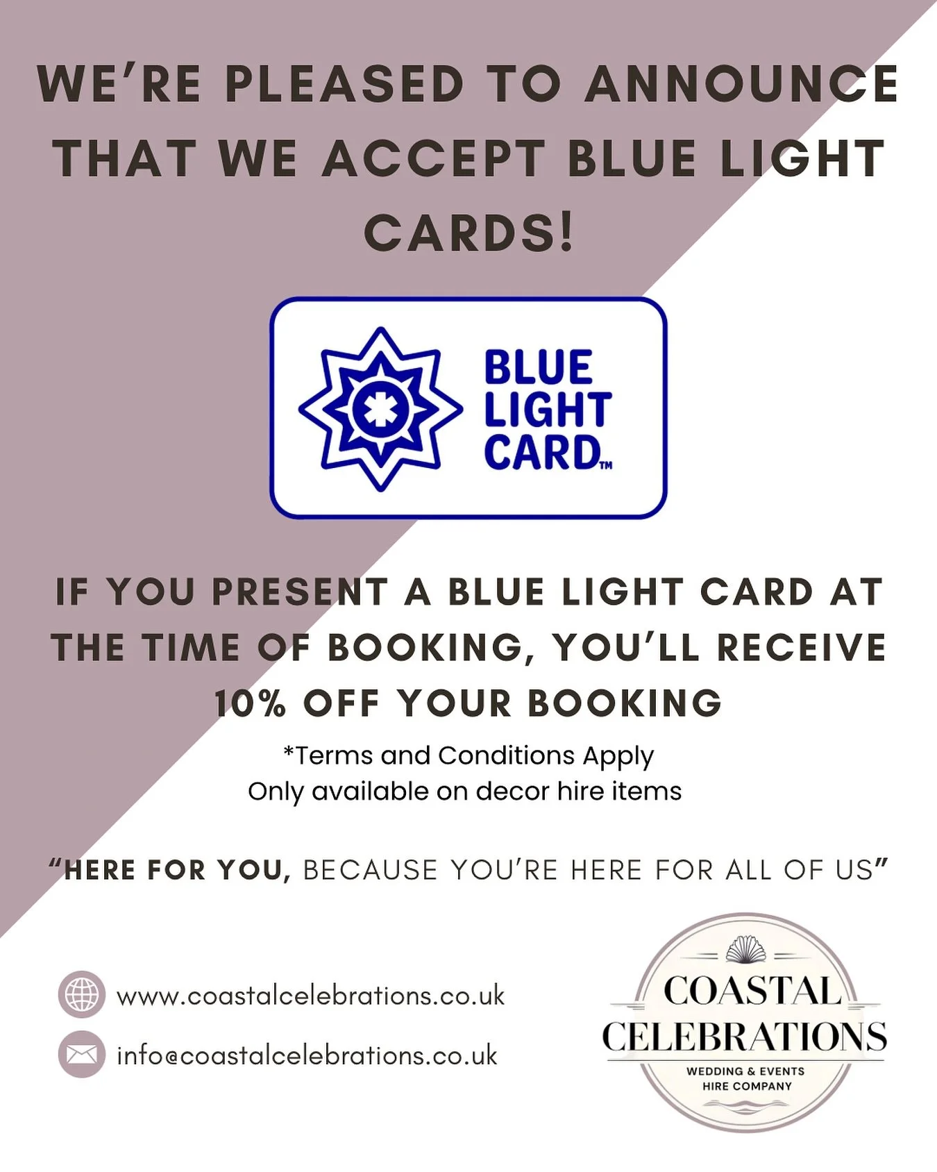 We&rsquo;re pleased to announce that we accept Blue Light Cards! 🥳

If you present your card at the time of booking you&rsquo;ll receive a 10% discount! 🤩

*Terms and Conditions Apply
(Only available on decor hire items)

#events #bluelightcard #di