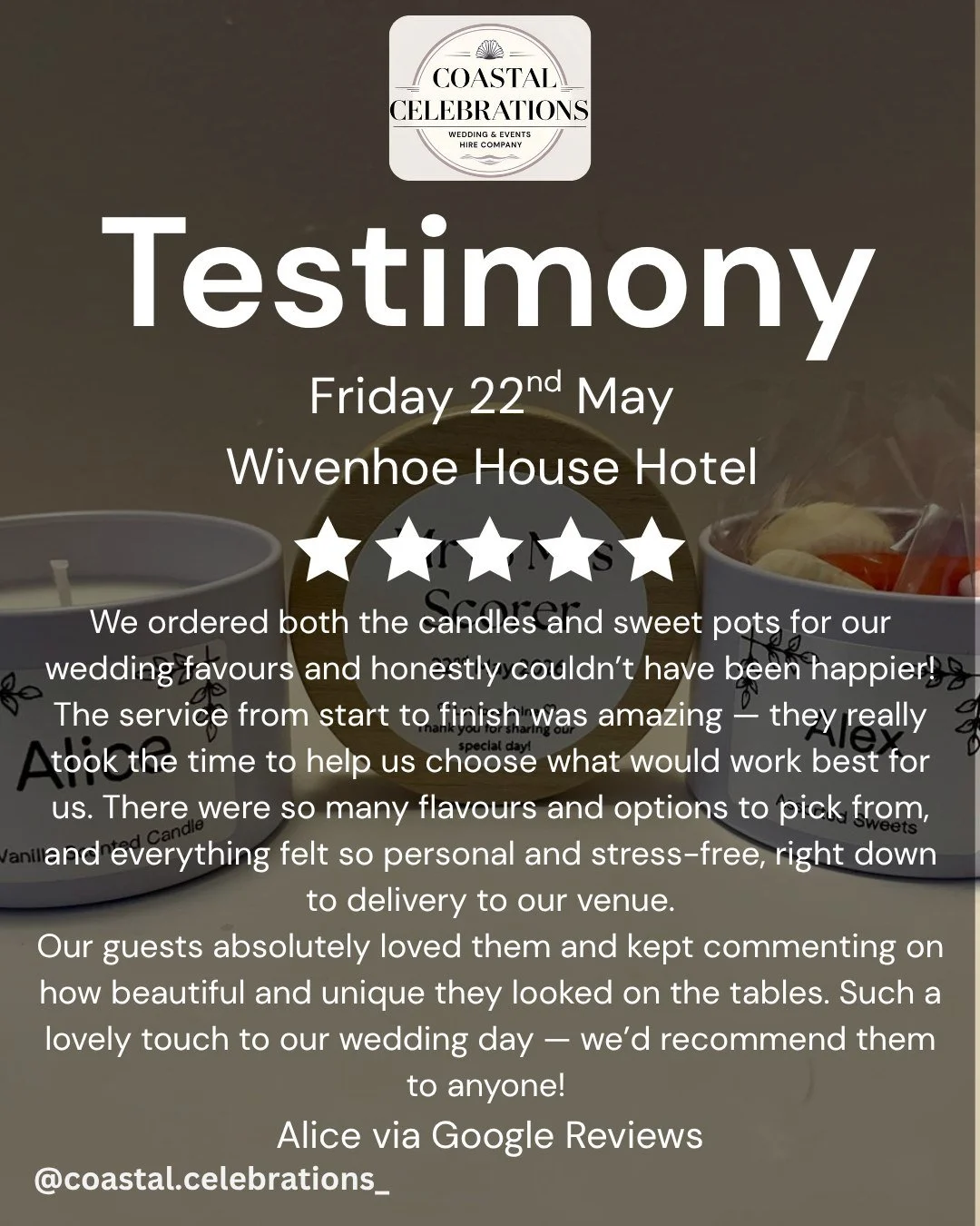 ⭐️⭐️⭐️⭐️⭐️

A huge thank you to Alice for this fabulous 5-star review from her wedding back in May 🤍

We had the pleasure of providing our Candle &amp; Sweet Cards as their name cards and favours at Weddings at Wivenhoe House 🥂