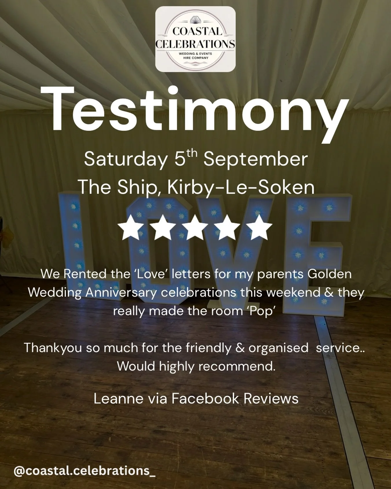 ⭐️⭐️⭐️⭐️⭐️

A huge thank you to Leanne for this fabulous 5-star review from her Parents Golden Anniversary 🤍

We had the pleasure of providing our 4ft LOVE at @theshipkirbylesoken 🥂