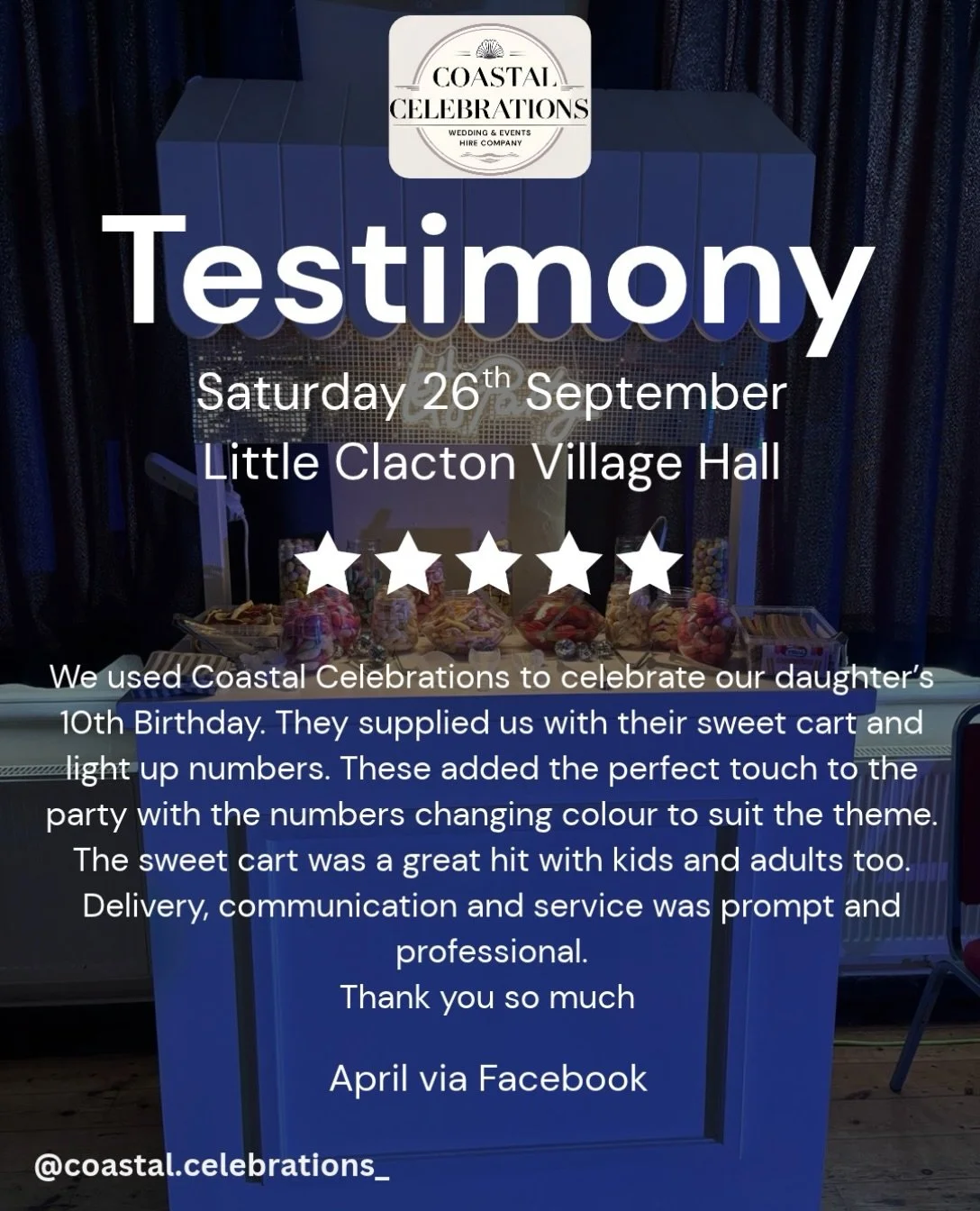 ⭐️⭐️⭐️⭐️⭐️

A huge thank you to April for this fabulous 5-star review from her Daughters 10th Birthday 🪩

We had the pleasure of providing our 4ft LED &lsquo;10&rsquo; &amp; our Sweet Stall