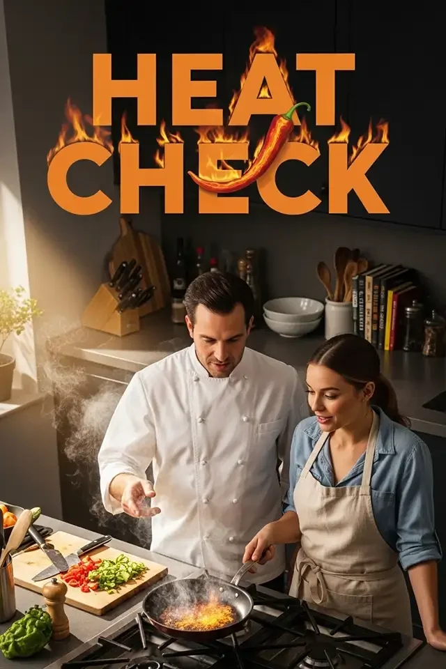 A male chef and a female house cook in a kitchen, cooking together while looking at a frying pan. The kitchen has various utensils and ingredients on the counter. The text 'HEAT CHECK' with a chili pepper is displayed above them.