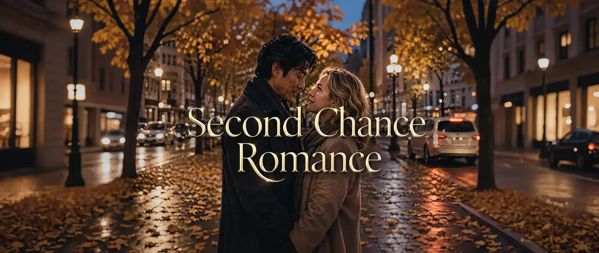 A romantic scene on a city street at night with autumn leaves, two people facing each other closely, with the text 'Second Chance Romance' overlaid.