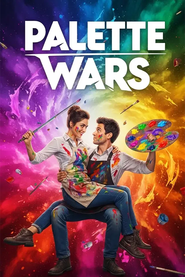 Two young adults, a woman and a man, sitting on a person's lap, covered in colorful paint, holding paintbrushes and a paint palette, with a vibrant, color-splattered background, promoting a show called 'Palette Wars'.