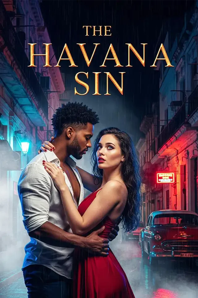 A romantic couple embracing on a rainy street in Havana, with colorful buildings and classic cars behind them, under neon lights.