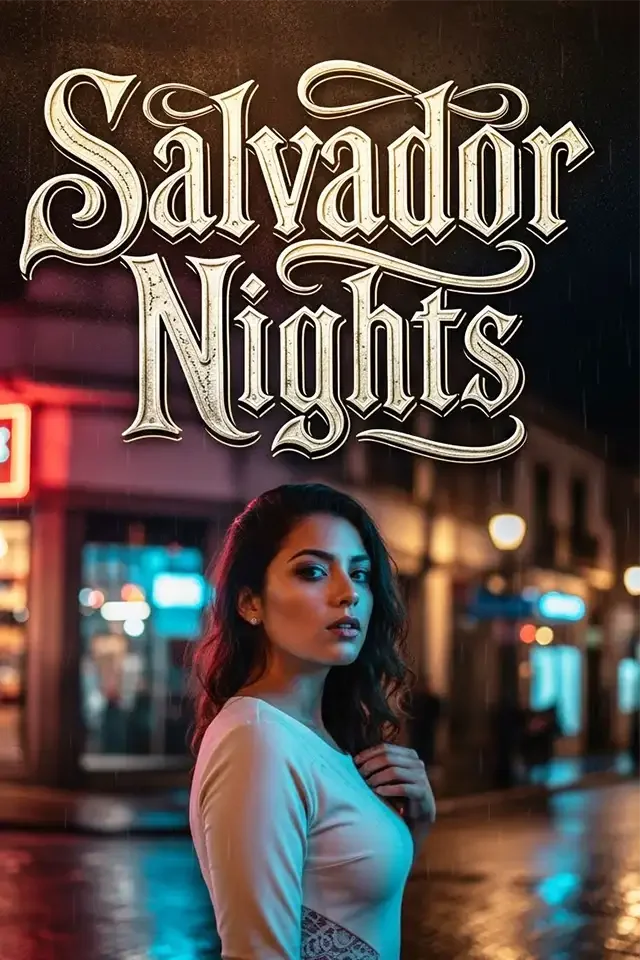 A young woman with dark hair and makeup standing on a wet city street at night, illuminated by colorful neon lights, with the text "Salvador Nights" above her.