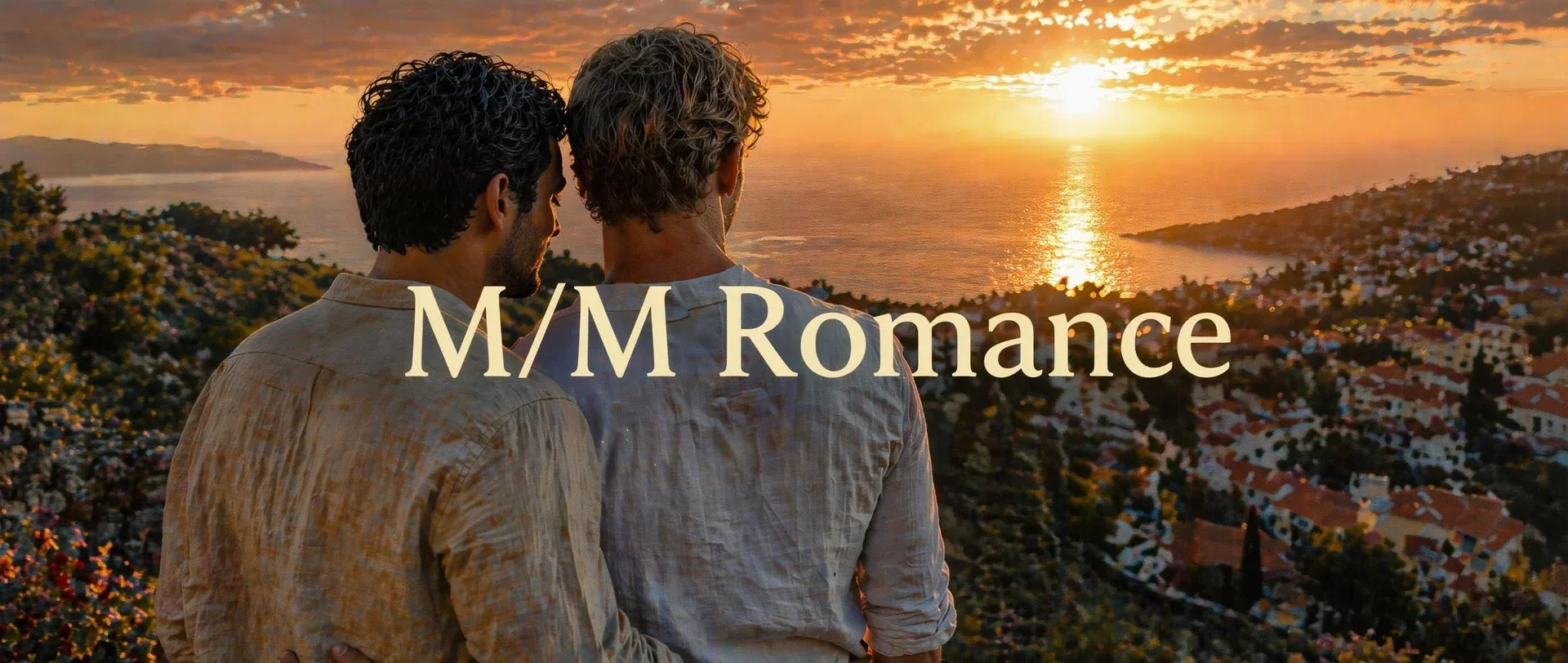 Two men with curly hair standing close together, looking at a sunset over the ocean, with a town below. The words 'M/M Romance' are overlaid on the image.