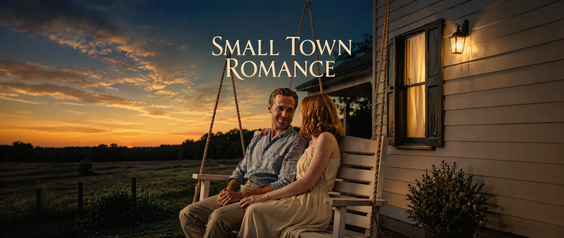 A man and woman sitting together on a porch swing outside a house at sunset, with the text 'Small Town Romance' in the sky.