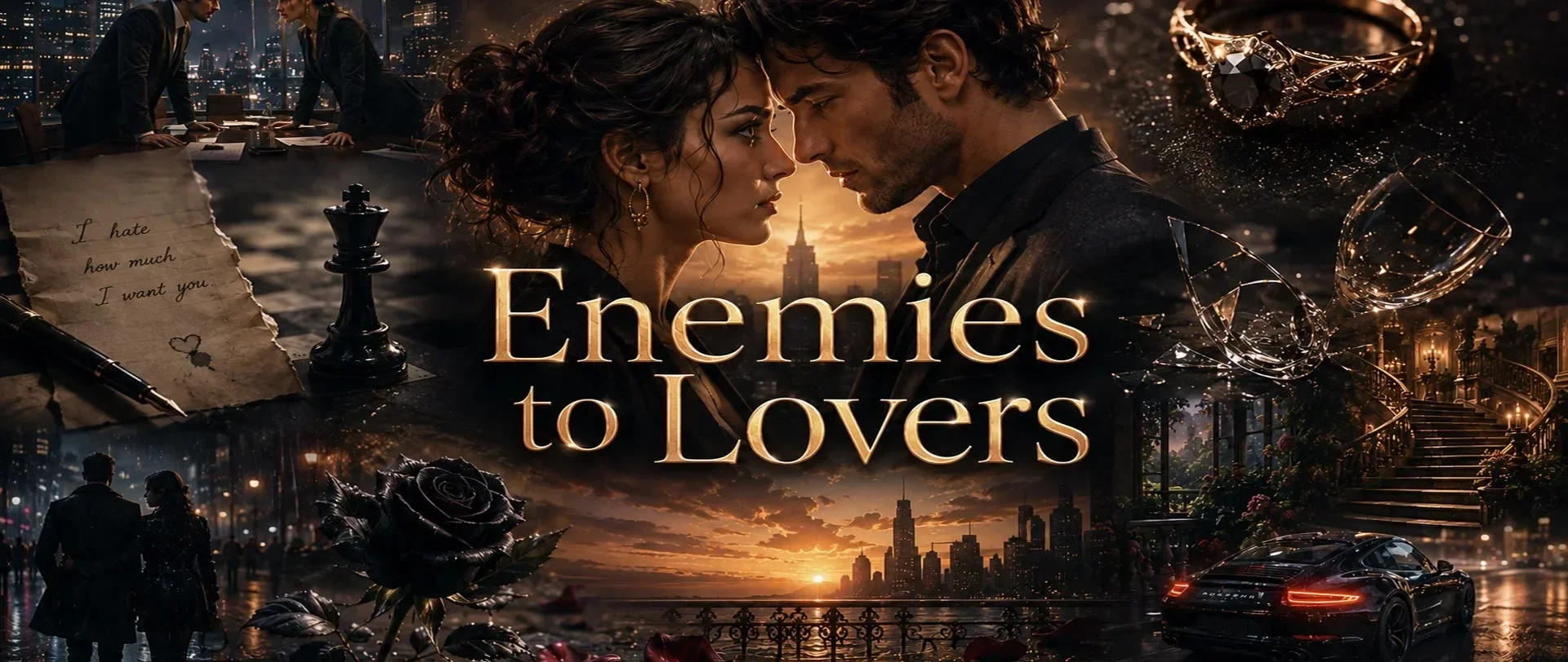 A romantic movie poster for 'Enemies to Lovers' featuring a man and woman gazing at each other against a city skyline at sunset, with romantic elements like roses, broken glasses, and a handwritten note that says 'I hate how much I want you.'