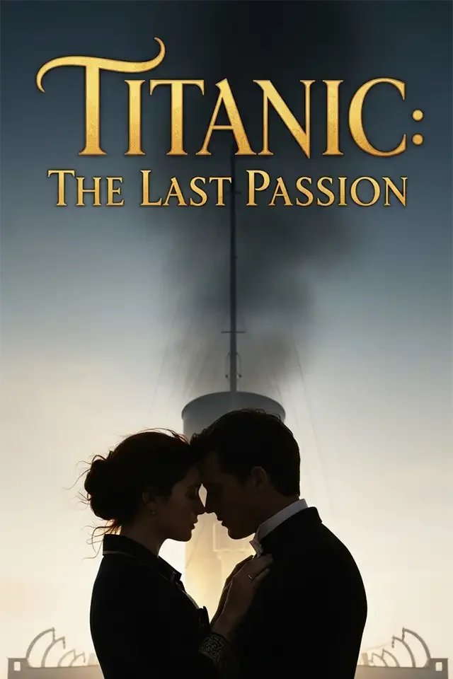 Silhouettes of a man and woman touching foreheads in front of a steamship, with the title 'Titanic: The Last Passion' at the top.