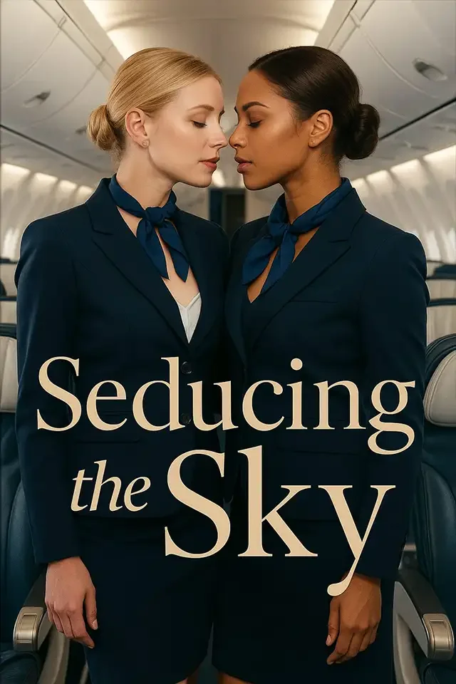 Two women in airline uniforms face each other inside an airplane, with the title 'Seducing the Sky' overlaid.