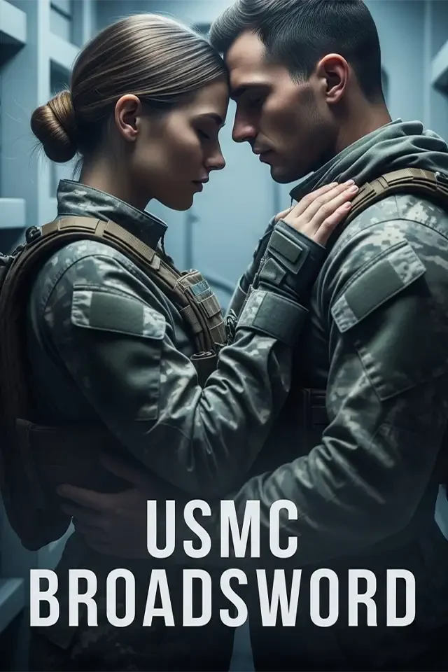 Two US Marines in uniform embracing each other with foreheads touching, standing close in an indoor setting, with the text "USMC Broadsword" at the bottom.