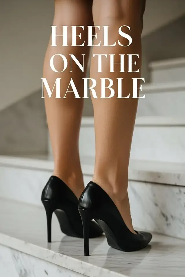 Close-up of a woman's legs wearing black high heels on a marble staircase with the text "Heels on the Marble" overlayed.