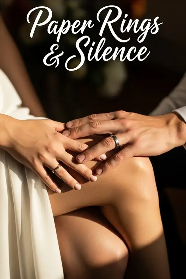 Close-up of a couple's hands, both wearing wedding bands, resting on a woman's thigh, with a dark background and text reading 'Paper Rings & Silence'