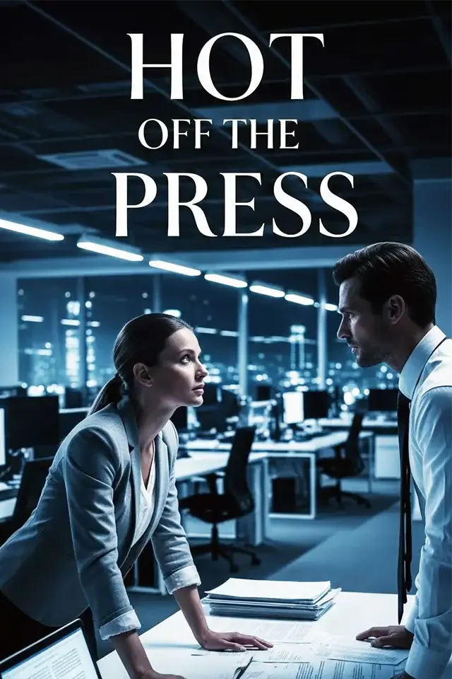 Two professionals, a woman and a man, engaged in a serious discussion in a modern, dimly lit office at night, with the phrase 'Hot Off the Press' overlaid at the top.