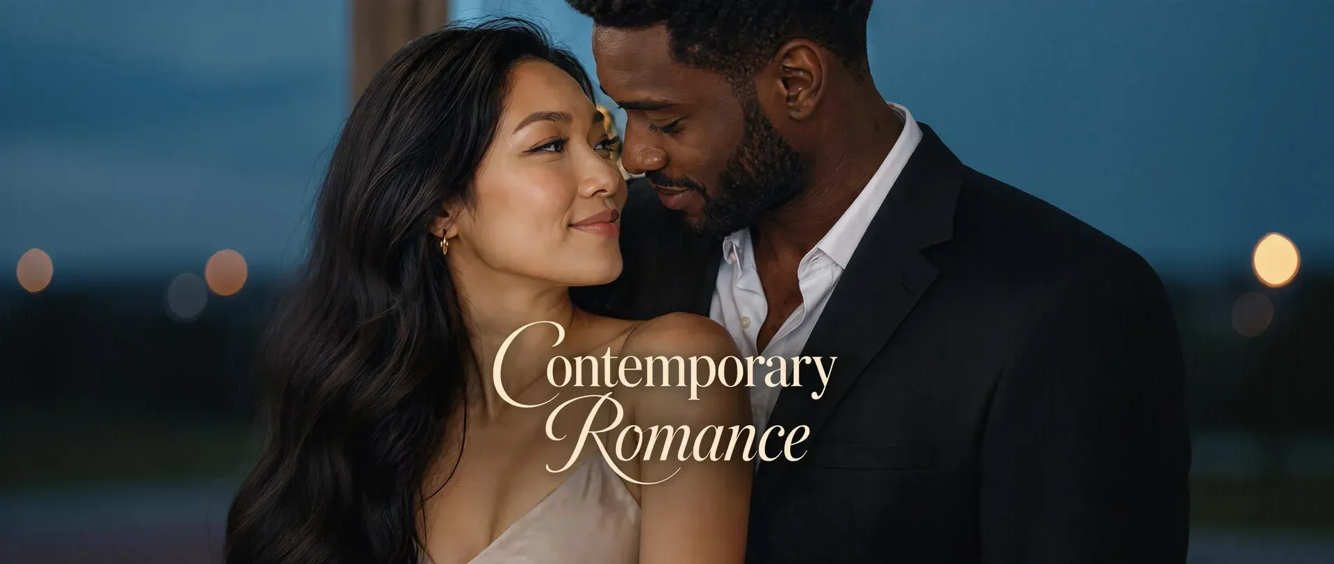 A romantic couple, a woman with long dark hair and an Asian appearance, and a man with dark skin and a beard, in a close embrace and smiling at each other. The background is blurred with bokeh lights, and the text 'Contemporary Romance' is overlaid o