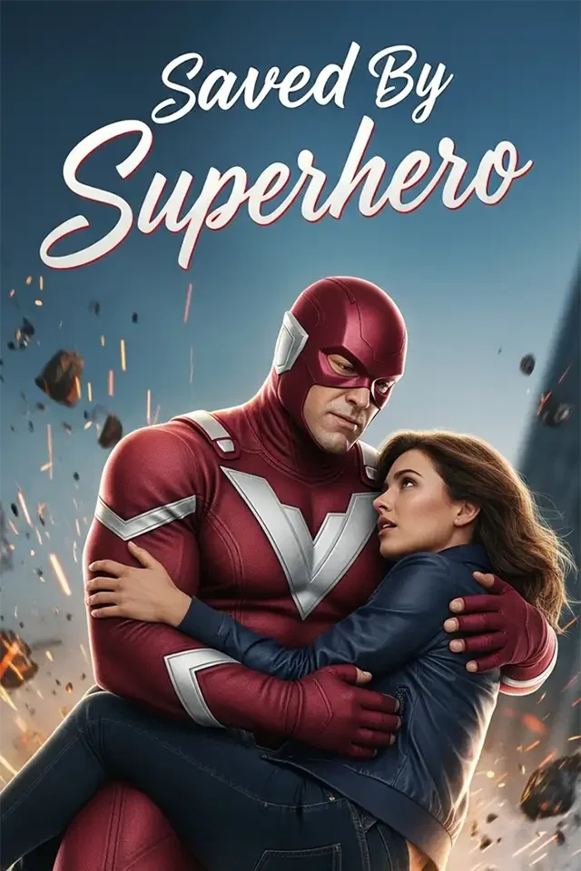 A superhero in a red and silver costume is holding a woman in a blue jacket, with an explosion and debris in the background, and the text 'Saved By Superhero' at the top.