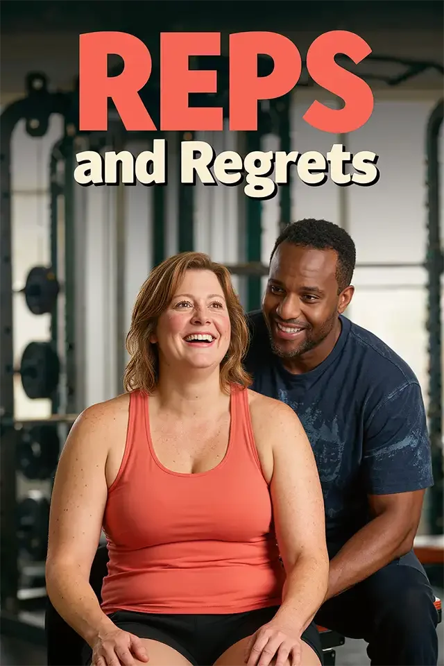 A cheerful woman in an orange tank top sitting on a workout bench in a gym, smiling with a man standing behind her, smiling and leaning towards her. The gym equipment is visible in the background. Text on the image reads 'REPS and Regrets'.