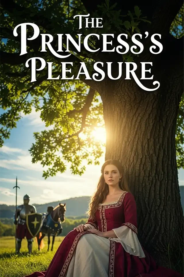 A young princess in a medieval-style red dress with gold embroidery sitting beneath a large tree with sunlight filtering through the leaves. Knights on horseback are in the background, set in a lush green field.