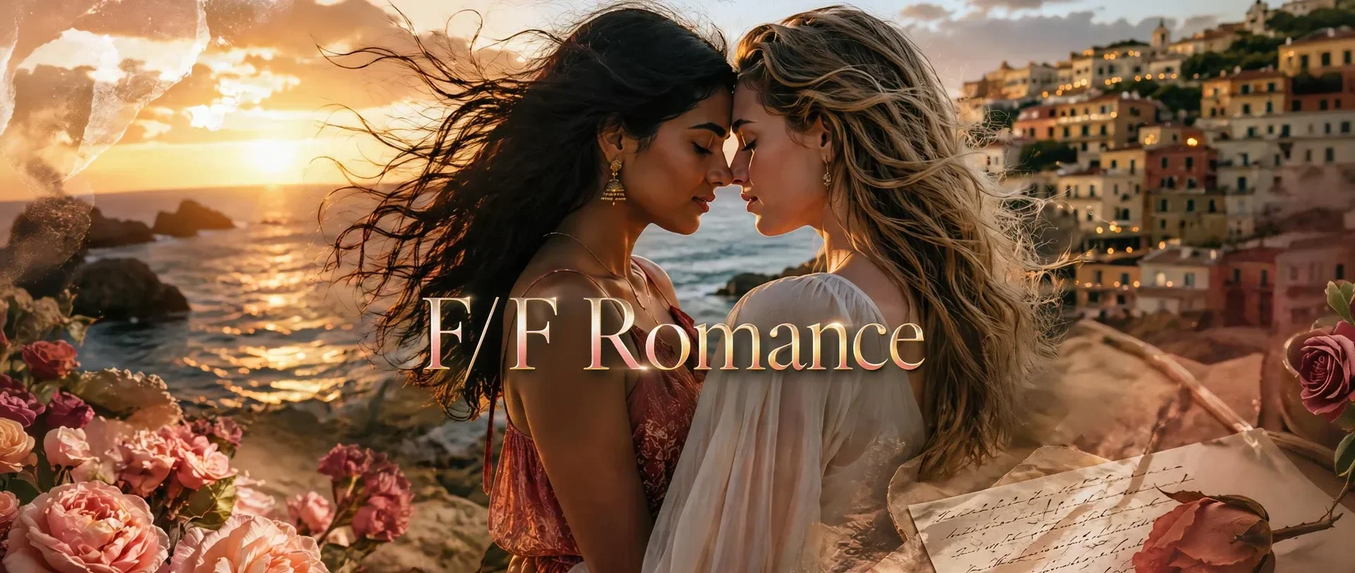 Two women with long, flowing hair touching foreheads on a rocky seaside at sunset, with colorful buildings on a hillside in the background, surrounded by roses and a handwritten letter, with the text 'F/F Romance' overlayed.