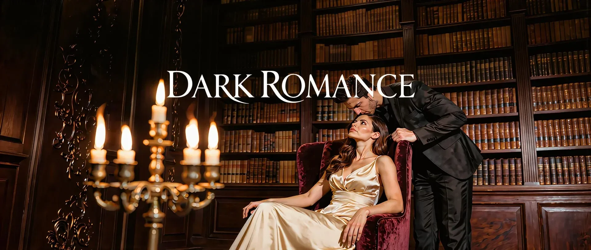 A romantic scene in a library with a woman in a satin dress sitting in a red velvet chair and a man leaning over her. Candlelight illuminates the scene, with a background of wooden bookshelves filled with books. The title 'Dark Romance' is overlaid o