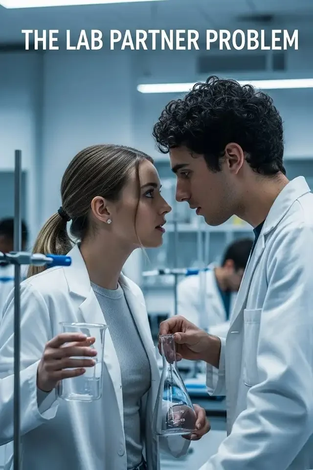 Two scientists, a woman and a man, in a laboratory facing each other with intense expressions. The woman is holding a beaker, and the man is holding a flask, with other lab equipment visible in the background. The text at the top reads 'THE LAB PARTN