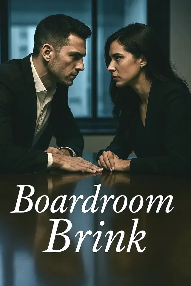 Two people, a man and a woman, sitting at a table facing each other with intense expressions, leaning in during a serious conversation in an office setting. The text on the image reads "Boardroom Brink."