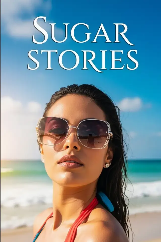 Book cover titled "Sugar Stories" featuring a woman with long dark hair, wearing sunglasses, on a beach with blue sky and ocean in the background.