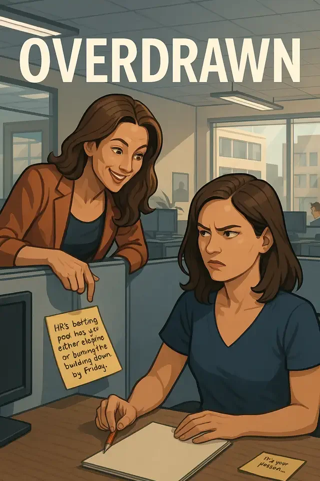 An office scene where a woman looks frustrated and a woman standing next to her is smiling while pointing at her. A note on the cubicle divider reads, "HR's beating pooch has you either elfine or bumming the building down by Friday." The woman at the