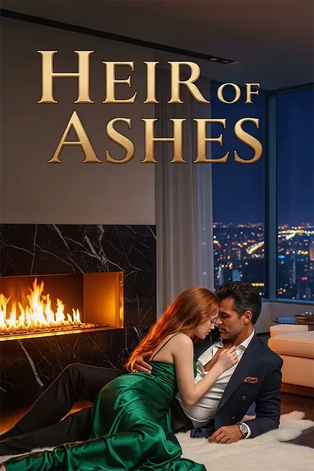 A couple sitting on the floor in front of a fireplace in a modern apartment at night. The woman has long red hair, wears a green satin dress, and the man has short dark hair, wears a dark suit and white shirt. The city lights are visible through a la