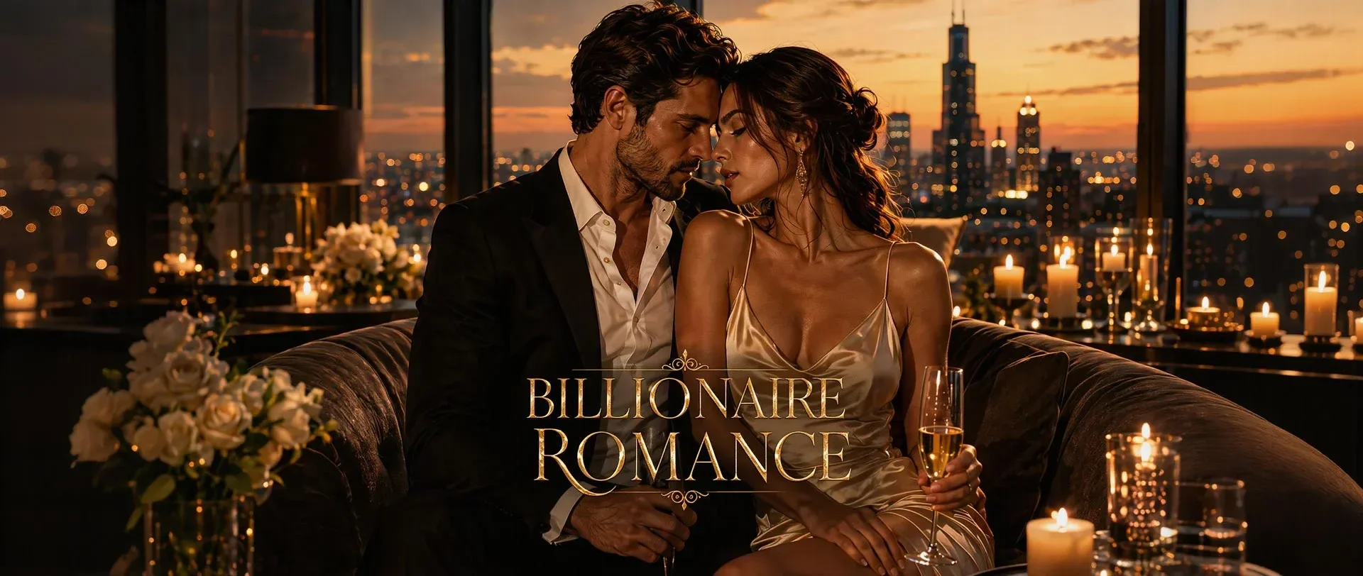 A romantic scene of a man and woman sitting closely on a sofa in a high-rise apartment with a city skyline at sunset in the background. The man is dressed in a black suit and white shirt, and the woman is wearing a satin dress, holding a glass of cha