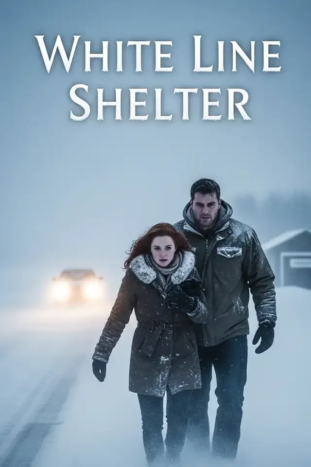 A snowy scene with a man and woman walking on a snow-covered road, cold weather attire, with car headlights approaching in the background and the title 'White Line Shelter' above.