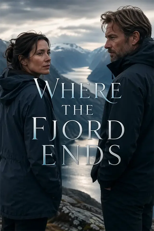 A man and a woman stand outdoors in front of a mountain landscape with a large body of water, both wearing dark jackets, looking at each other with serious expressions. Overlaid text reads, "Where the Fjord Ends."