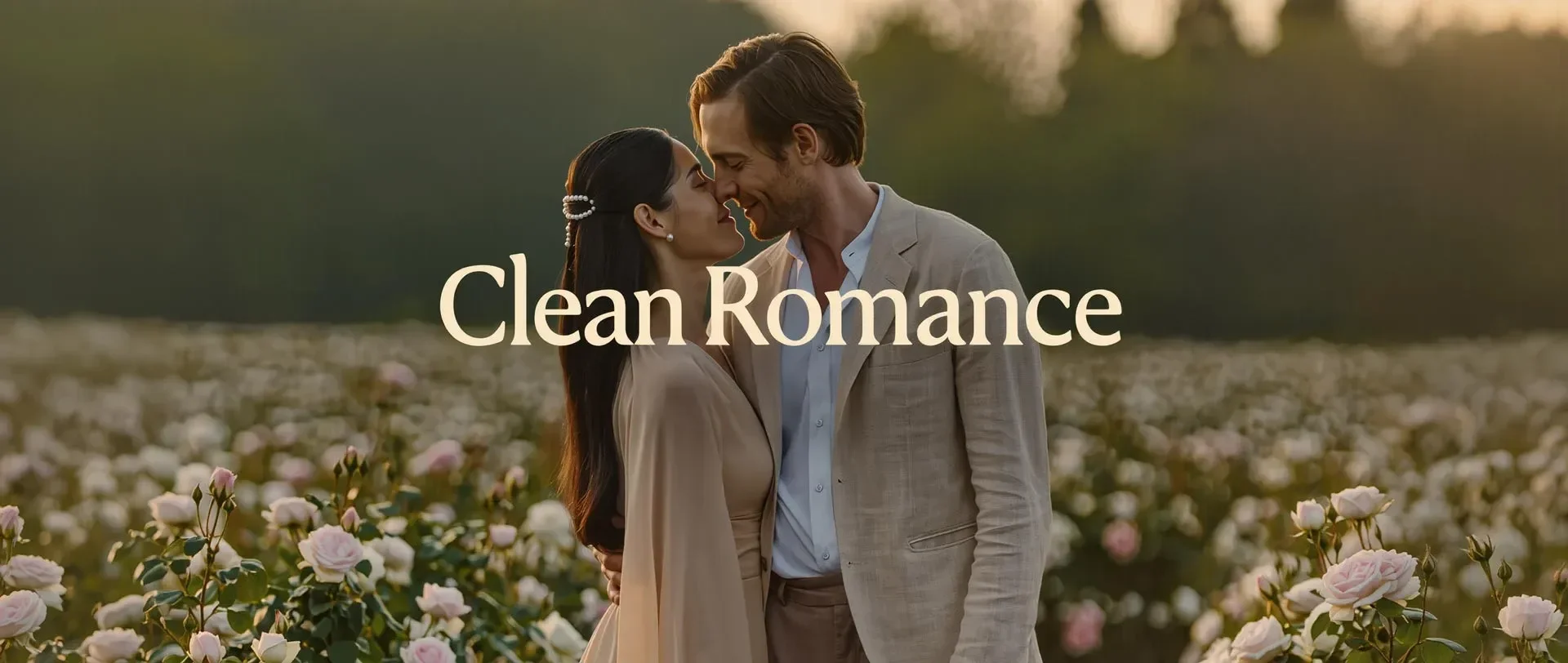 A romantic couple in a field of pink and white roses during sunset, gazing into each other's eyes with foreheads touching, with the caption "Clean Romance" overlayed.