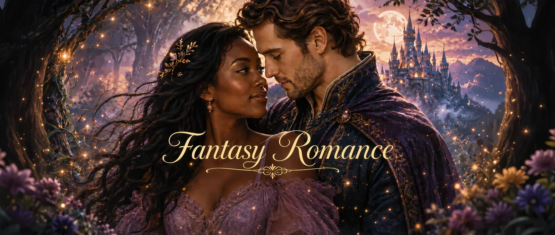 A fantasy romance movie poster featuring a man and woman in romantic pose, with a castle and moon in the background, surrounded by flowers and glowing lights.