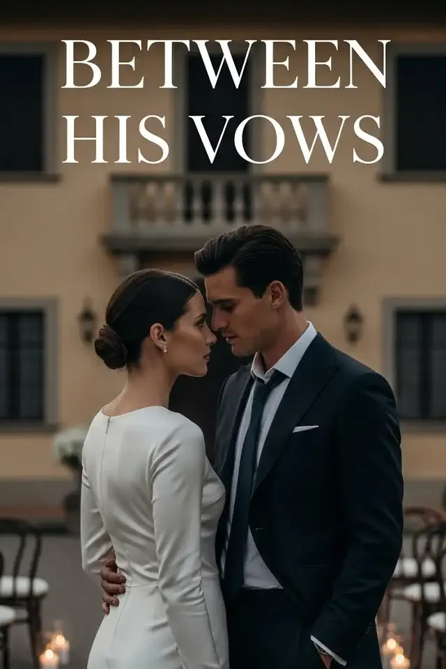 A man and woman are close together outdoors, standing face to face, with their foreheads nearly touching, in front of a building with a balcony. The woman is wearing a white dress, and the man is in a dark suit. The words "Between His Vows" are writt
