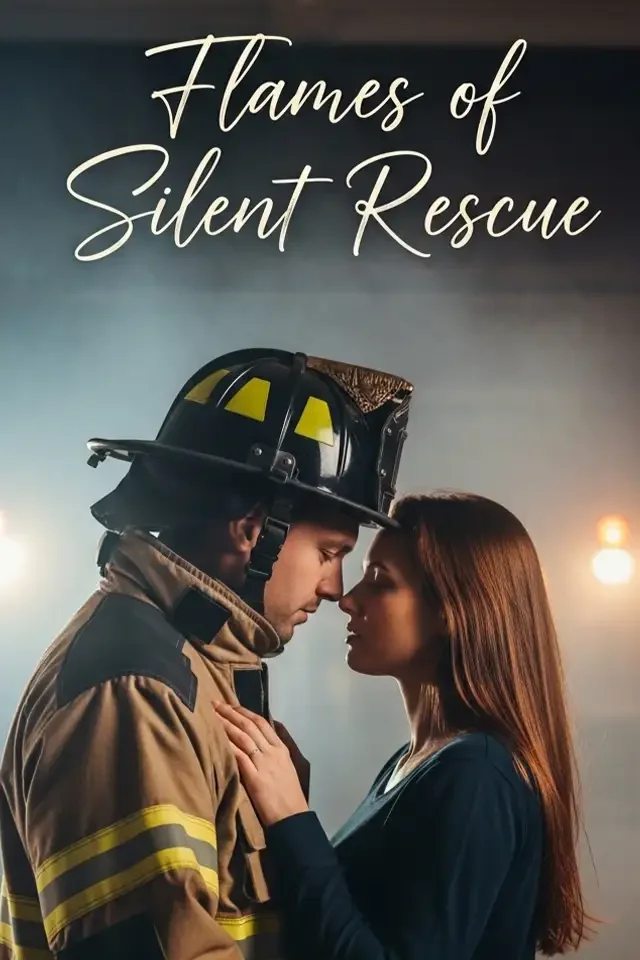 A firefighter in uniform and a woman are close, touching foreheads, with a quote "Flames of Silent Rescue" written above them.