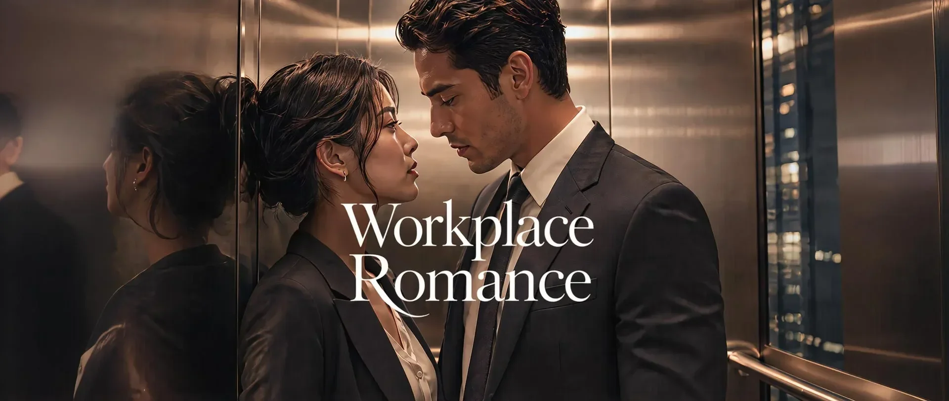 A man and a woman in business attire standing close face-to-face in an elevator, with the words 'Workplace Romance' overlaid on the image.